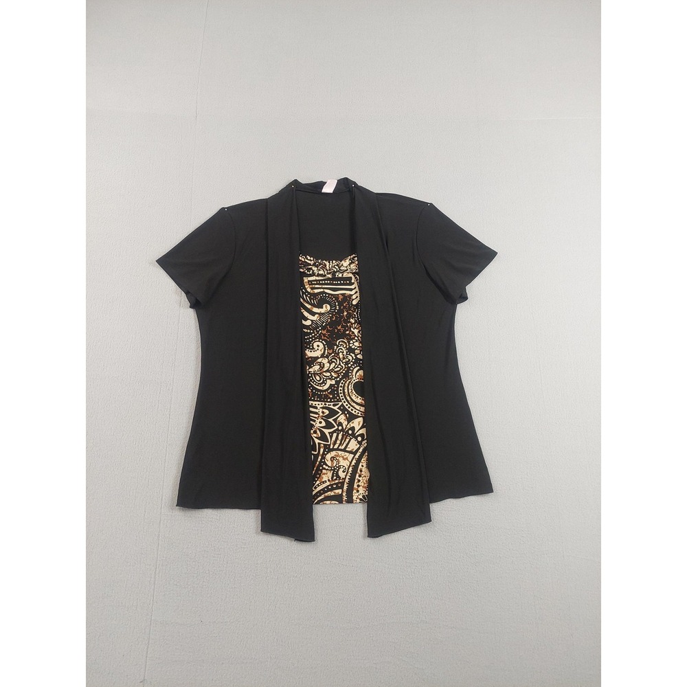 Perseption Women Blouse Womens 2X Black Paisley Short Sleeve Layered Top